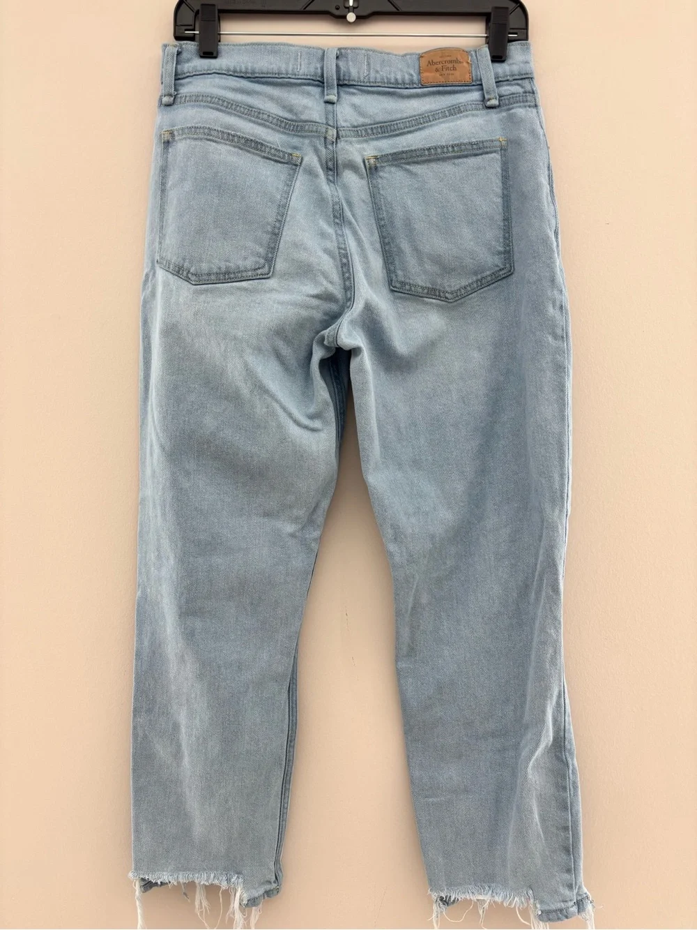 Abercrombie & Fitch A&F Mom Jeans High Rise Distressed Raw Hem Light Wash